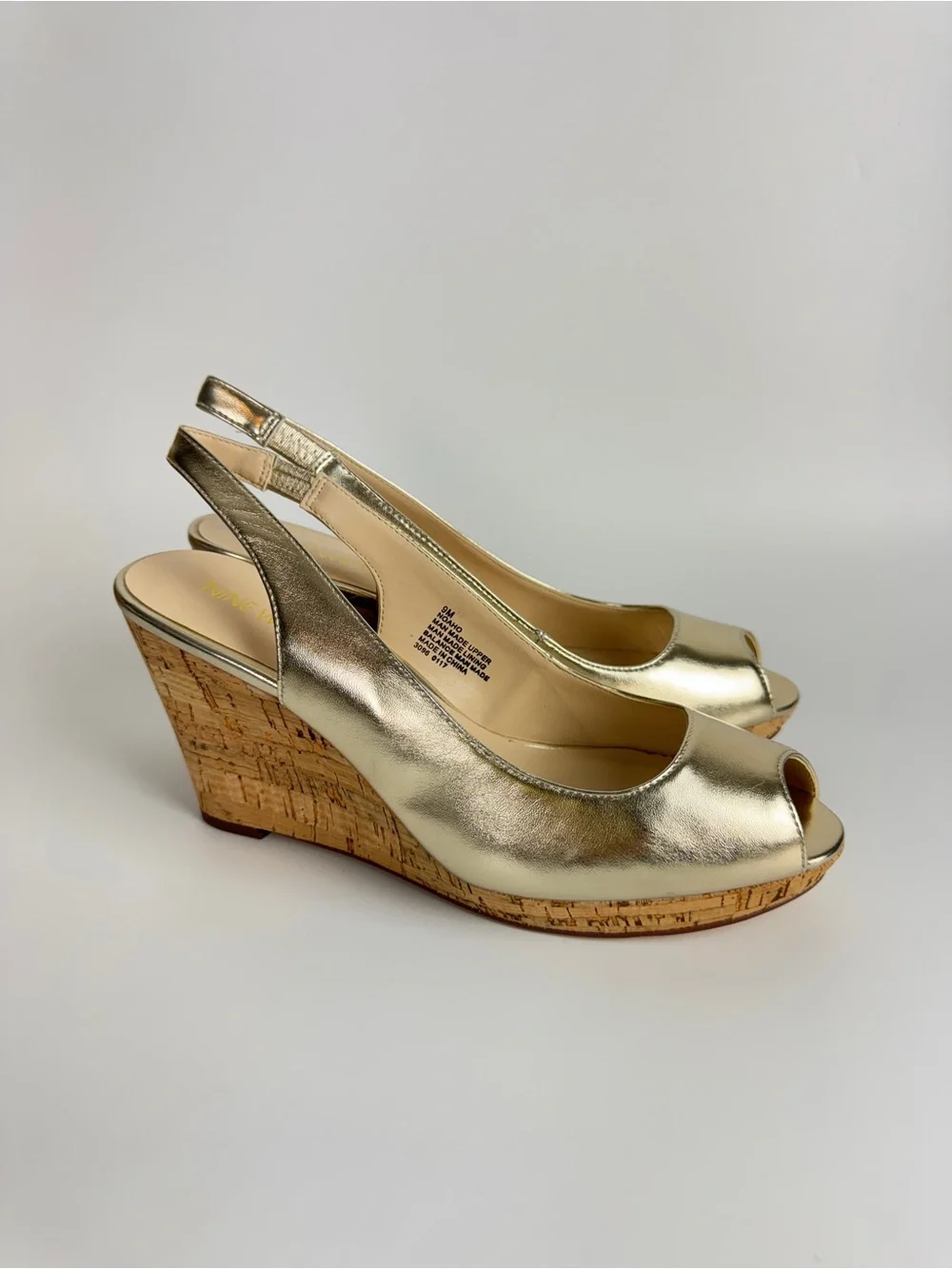 Nine West Gold Metallic Cork Wedge Slingback Peep-Toe Sandals